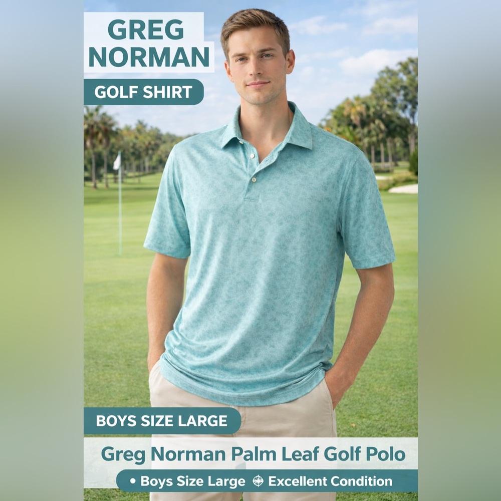 Greg Norman Boys Golf Polo-Size Large-Aqua Palm Print